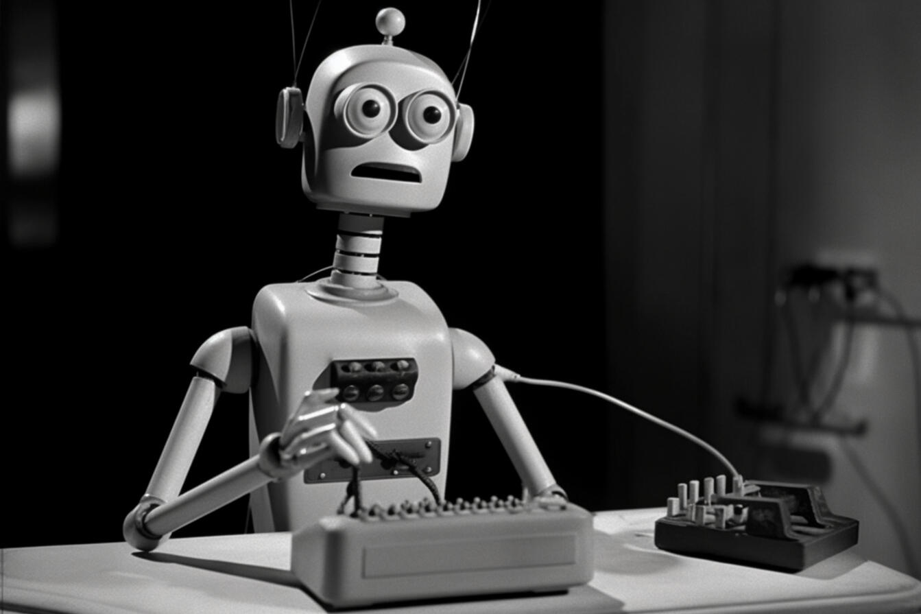 humaniod robot as a phone operator in the 1950s. Looking bored. pixar --ar 3:2 --v 5