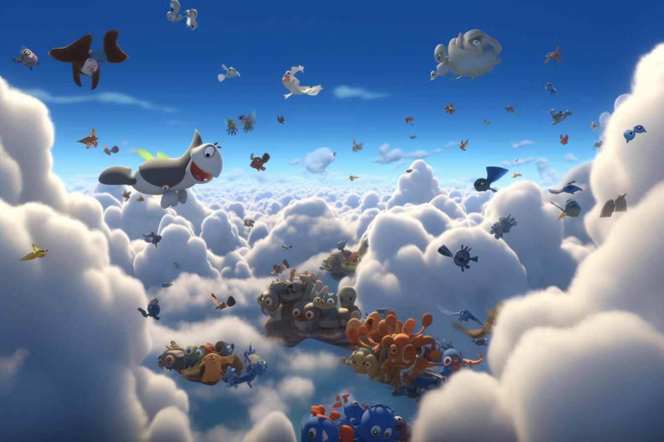 a sky filled with clouds in the shape of animals and objects. pixar --ar 3:2 --v 5