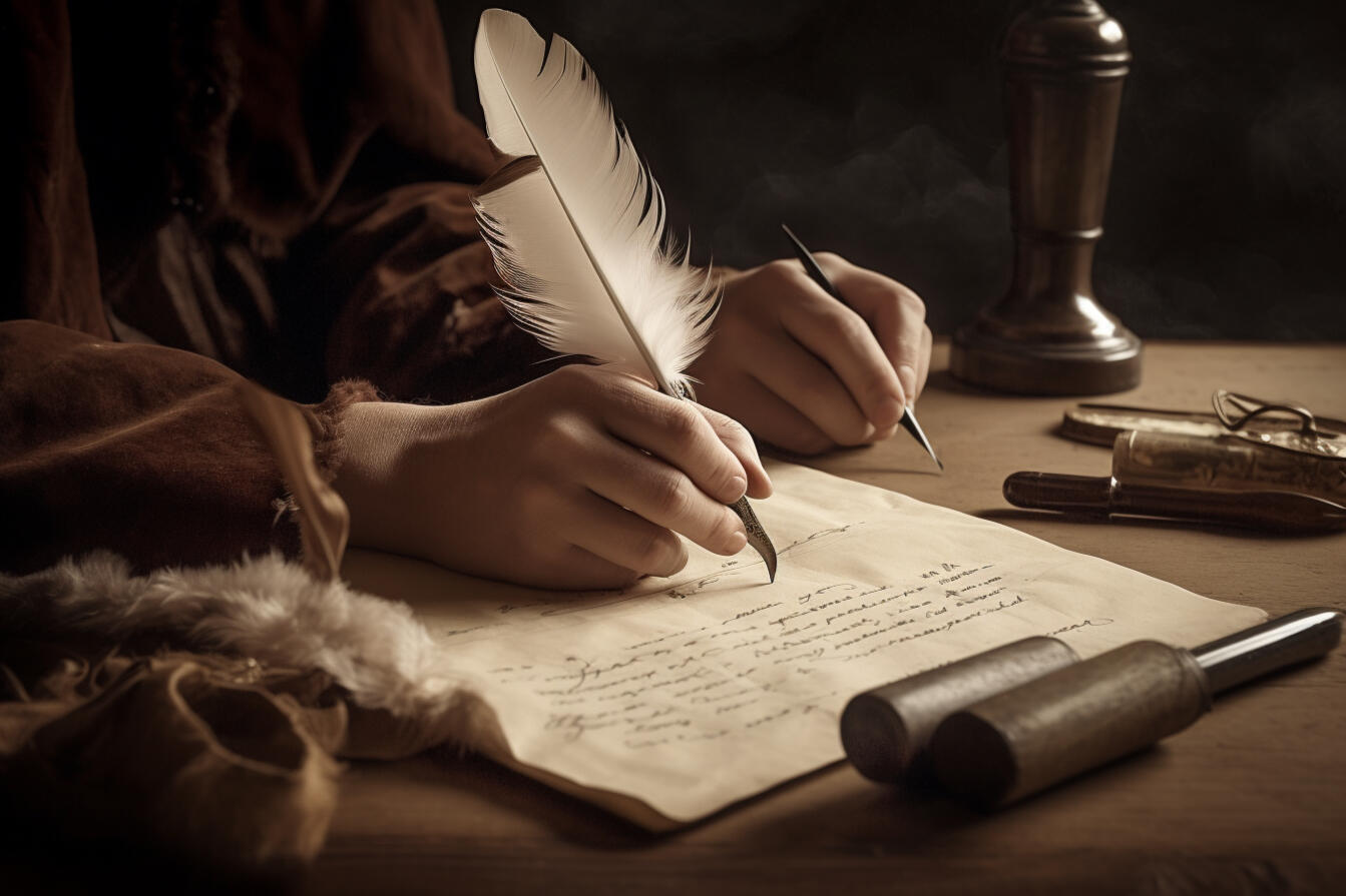 a person sitting at a desk using a feather pen to wrtie on a scroll. On the table is a scroll opened with some text scribbles. There is some ink spilled. the person seems highlly focused. photorealistic --ar 3:2 --v 5